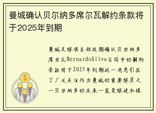 曼城确认贝尔纳多席尔瓦解约条款将于2025年到期 曼城确认贝尔纳多席尔瓦解约条款将于2025年到期